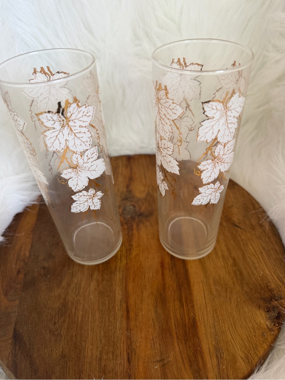 Vintage Bartlett Collins frosted grape vine gold trim tumblers.